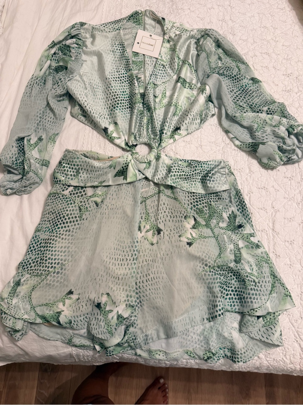 Light Green Floral Print Ring-Front Mini Dress